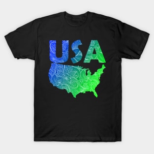 Colorful mandala art map of the United States of America with text in blue and green T-Shirt